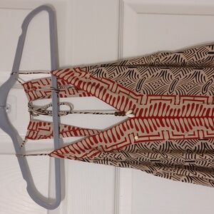 Pull&Bear Sz M, Halter Maxi Dress Dress with Red, Black & Tan, Geometric Pattern